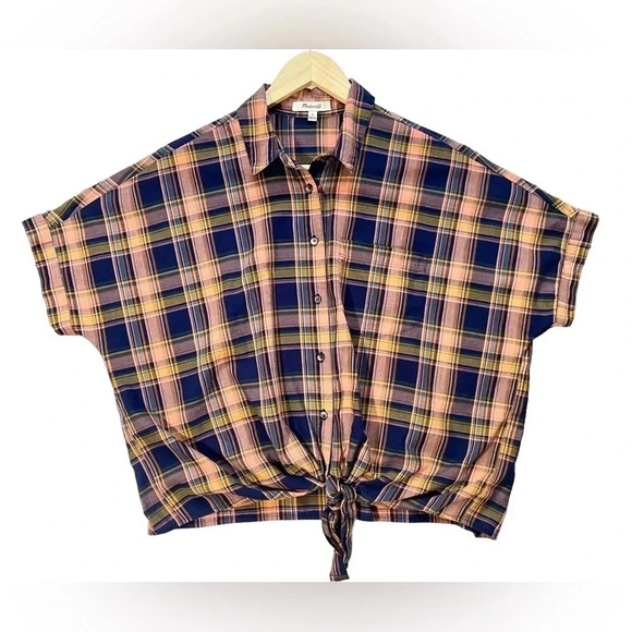 Madewell Tie Hem Plaid Button Down Top - Picture 2 of 5